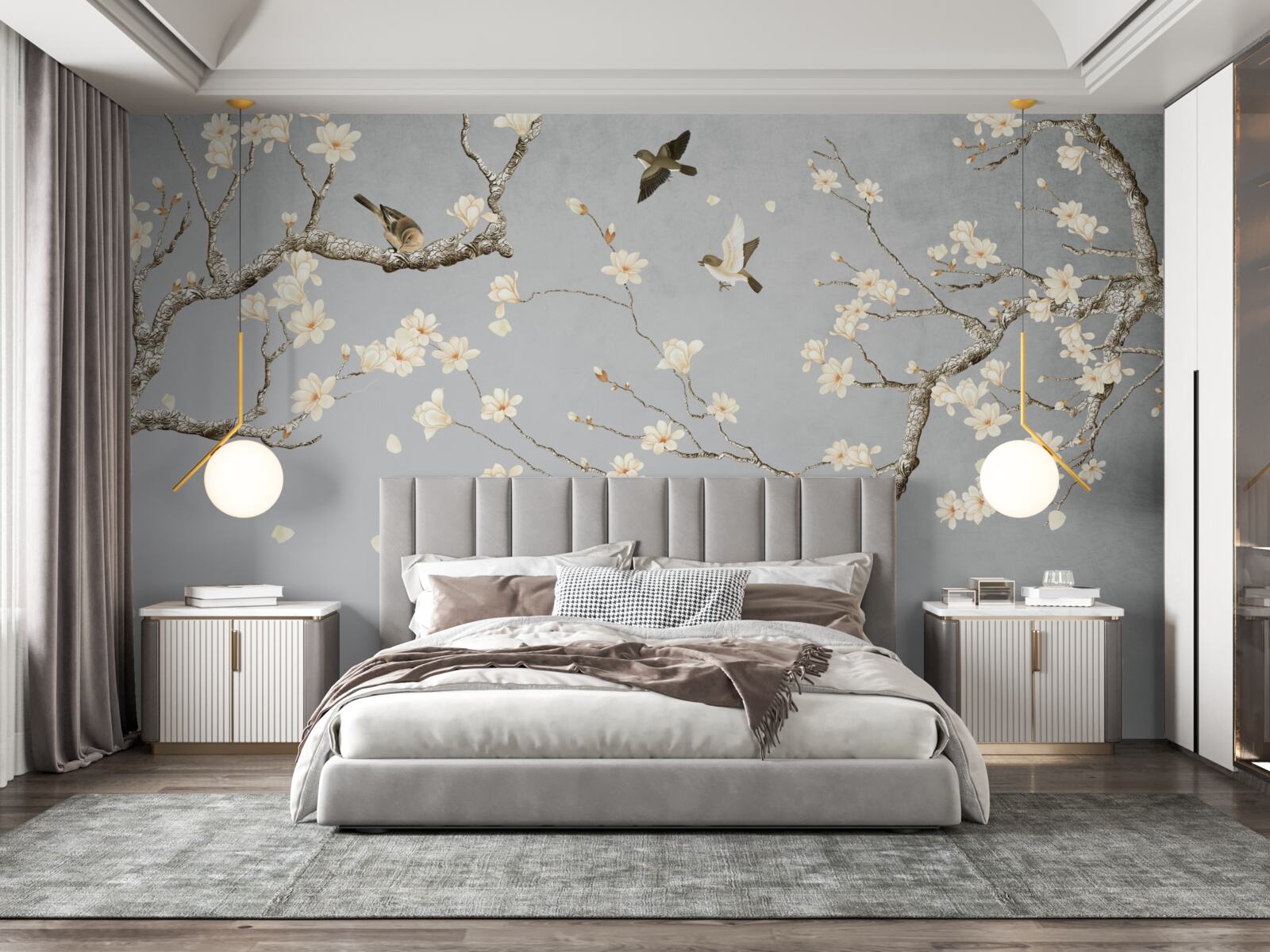 Fototapet păsări în cerc în jurul unui copac înflorit