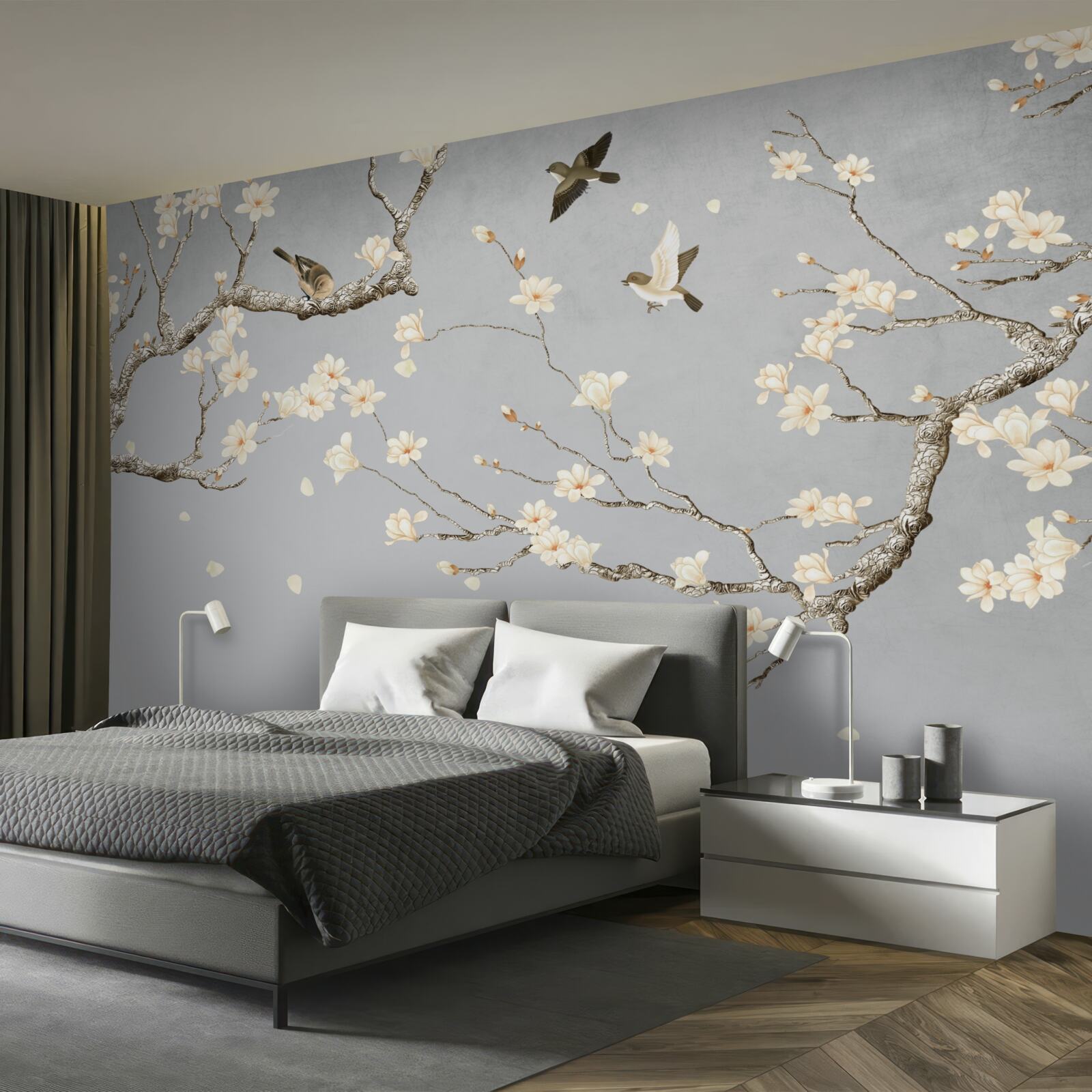 Fototapet păsări în cerc în jurul unui copac înflorit