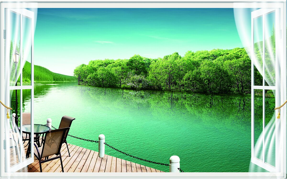 Fototapet terasă lângă iazul verzui