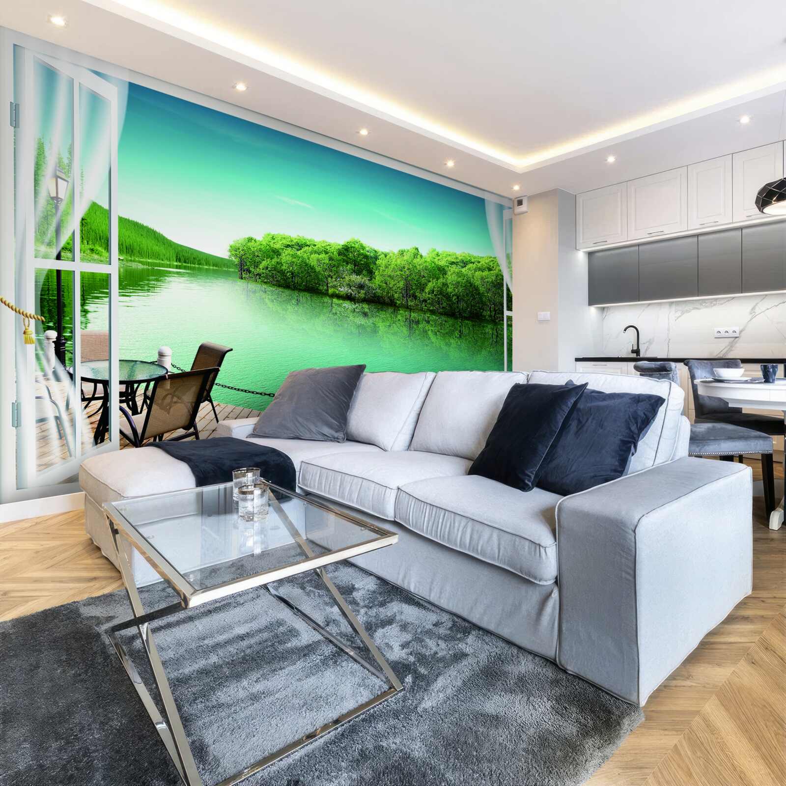 Fototapet terasă lângă iazul verzui