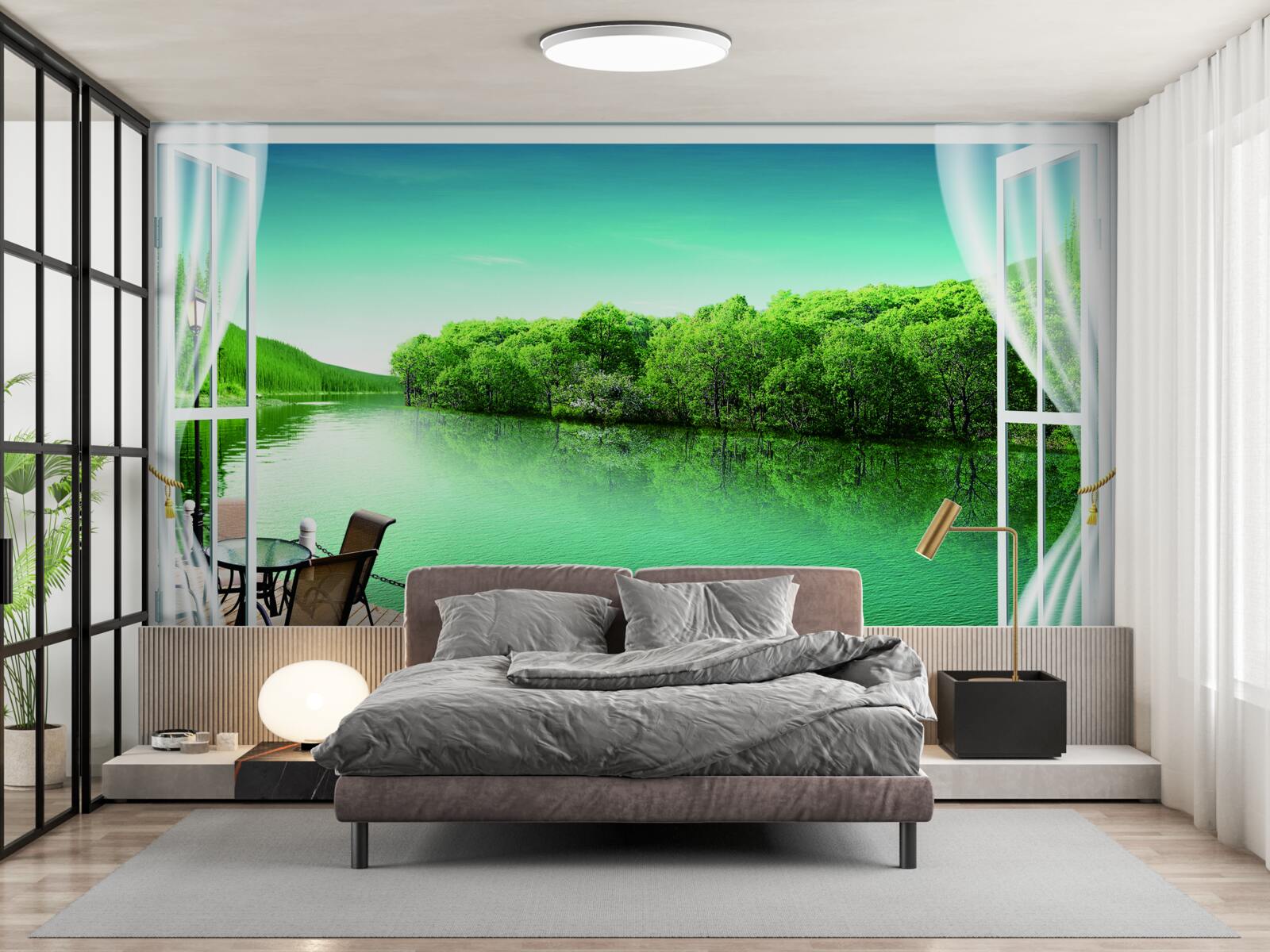 Fototapet terasă lângă iazul verzui