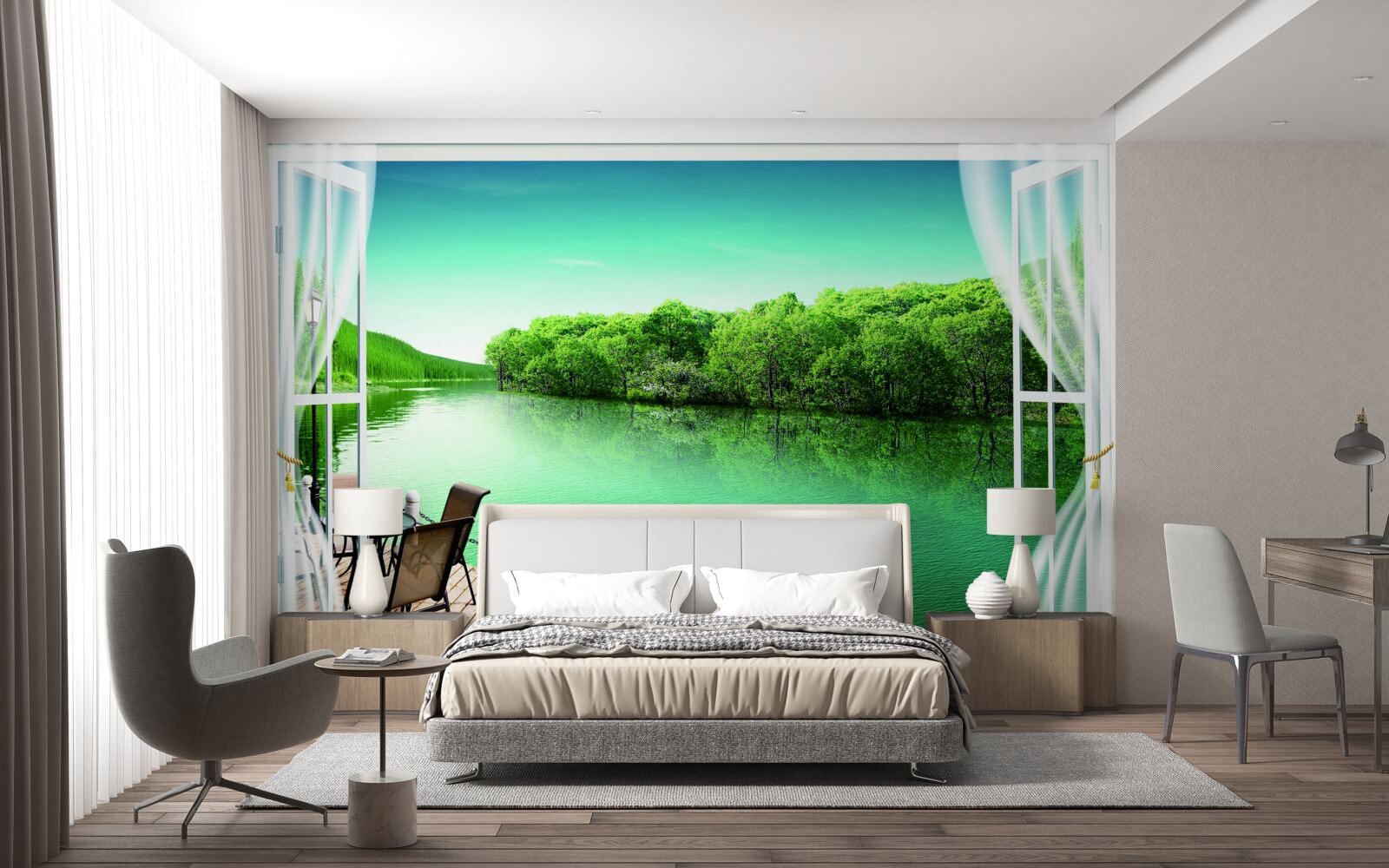 Fototapet terasă lângă iazul verzui