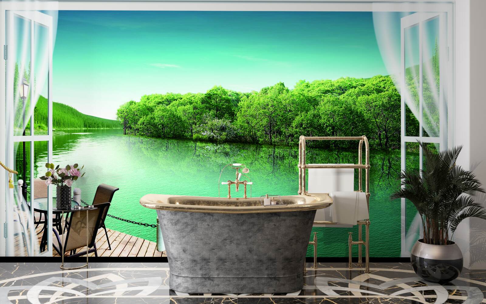 Fototapet terasă lângă iazul verzui