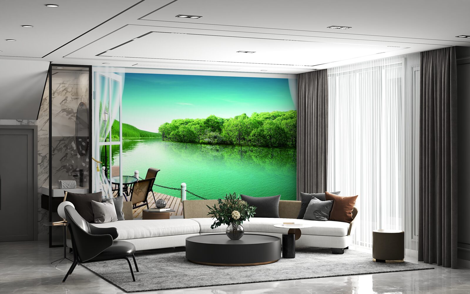 Fototapet terasă lângă iazul verzui