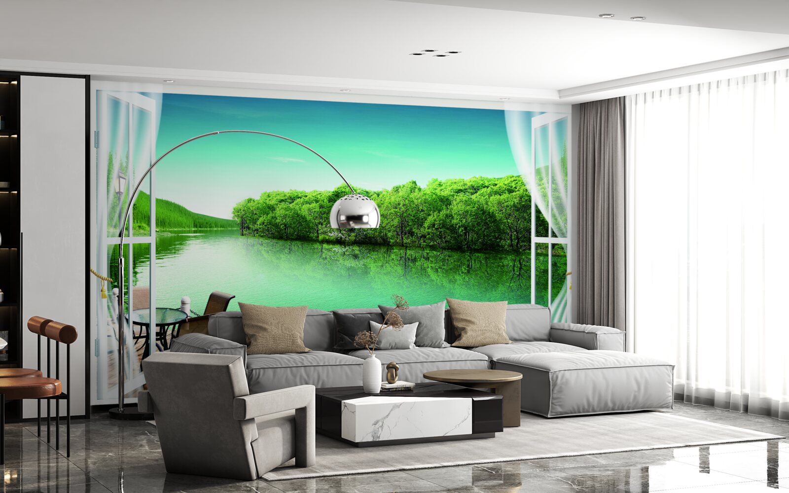 Fototapet terasă lângă iazul verzui