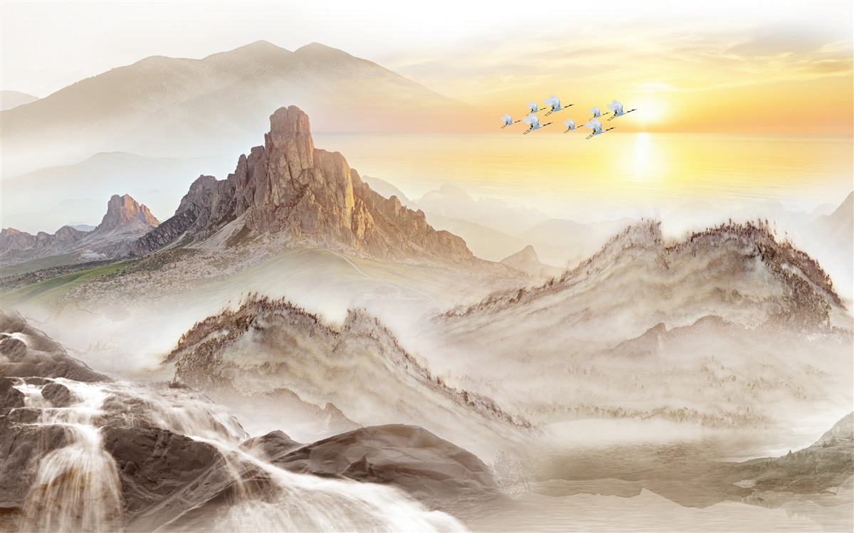 Fototapet apus de soare sub munți trecând cu cocorii