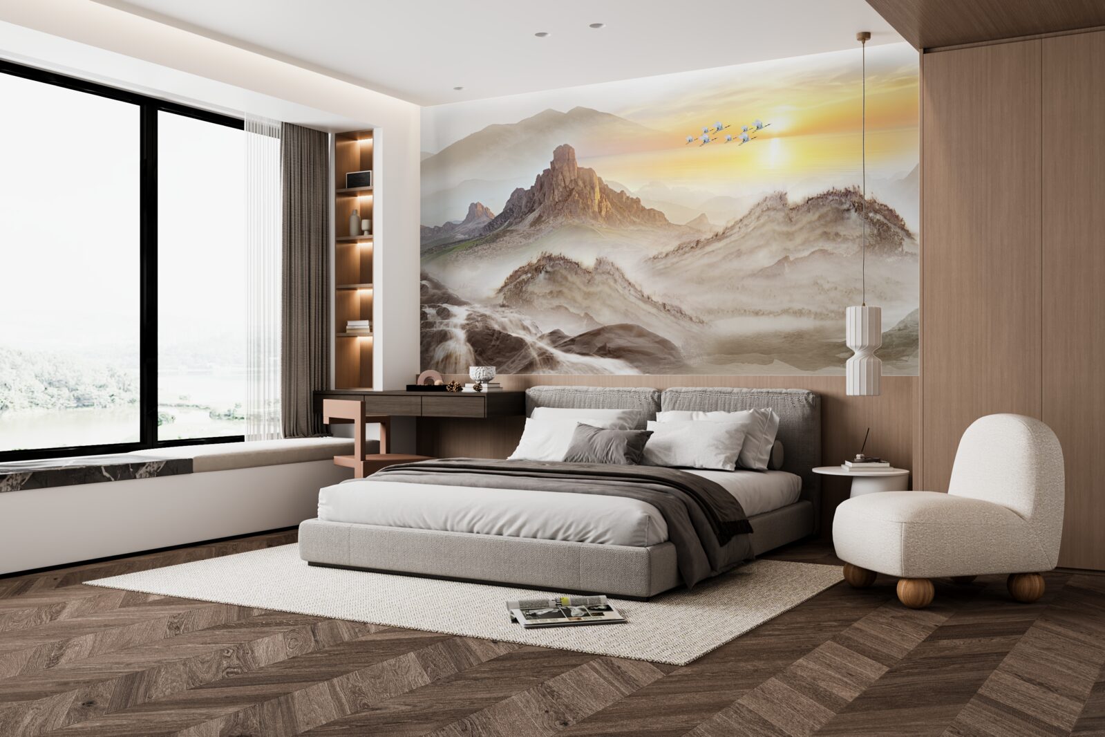 Fototapet apus de soare sub munți trecând cu cocorii