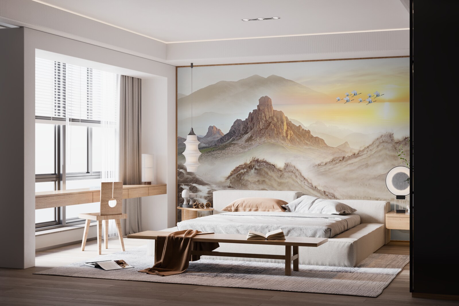 Fototapet apus de soare sub munți trecând cu cocorii