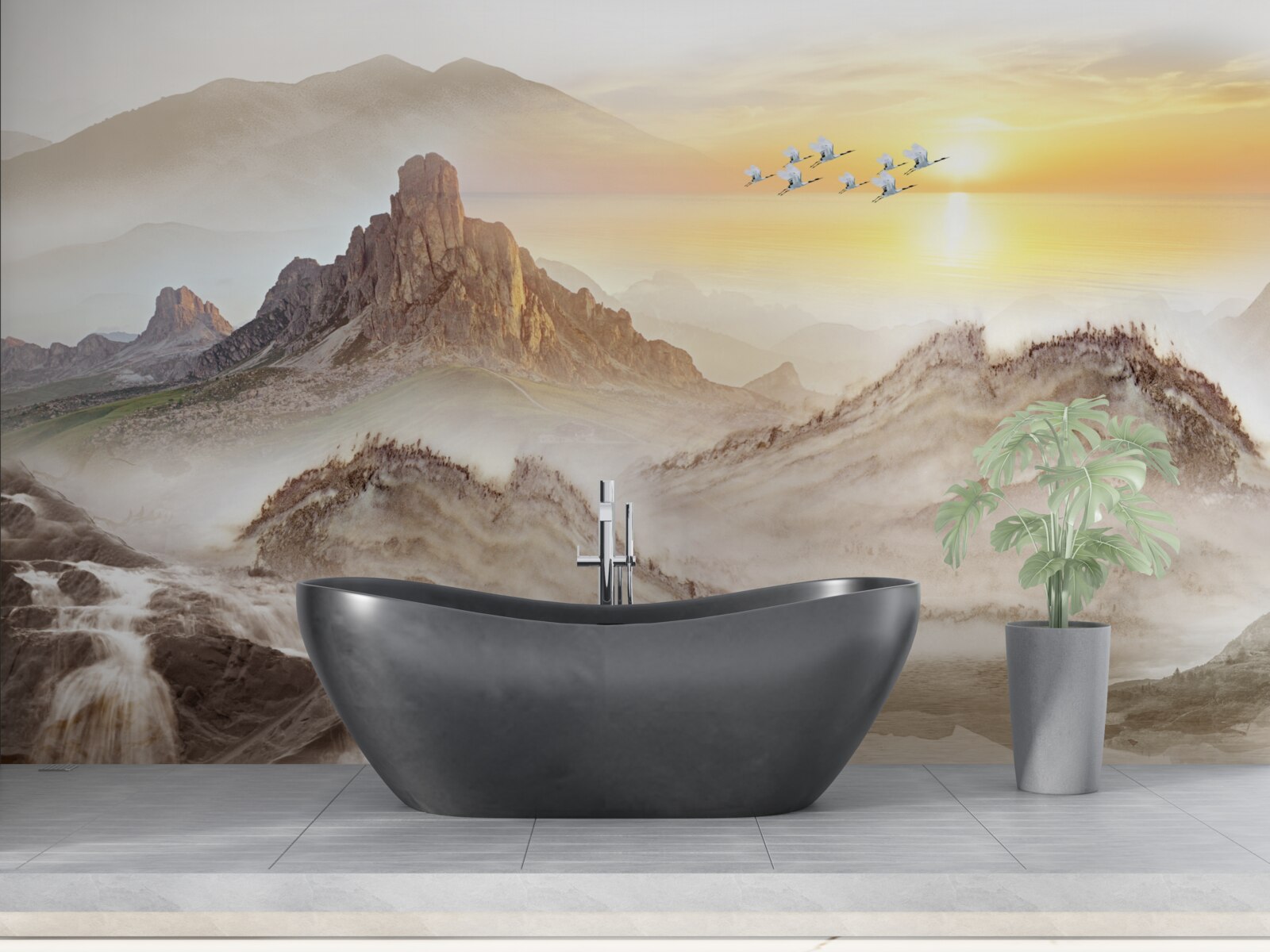 Fototapet apus de soare sub munți trecând cu cocorii