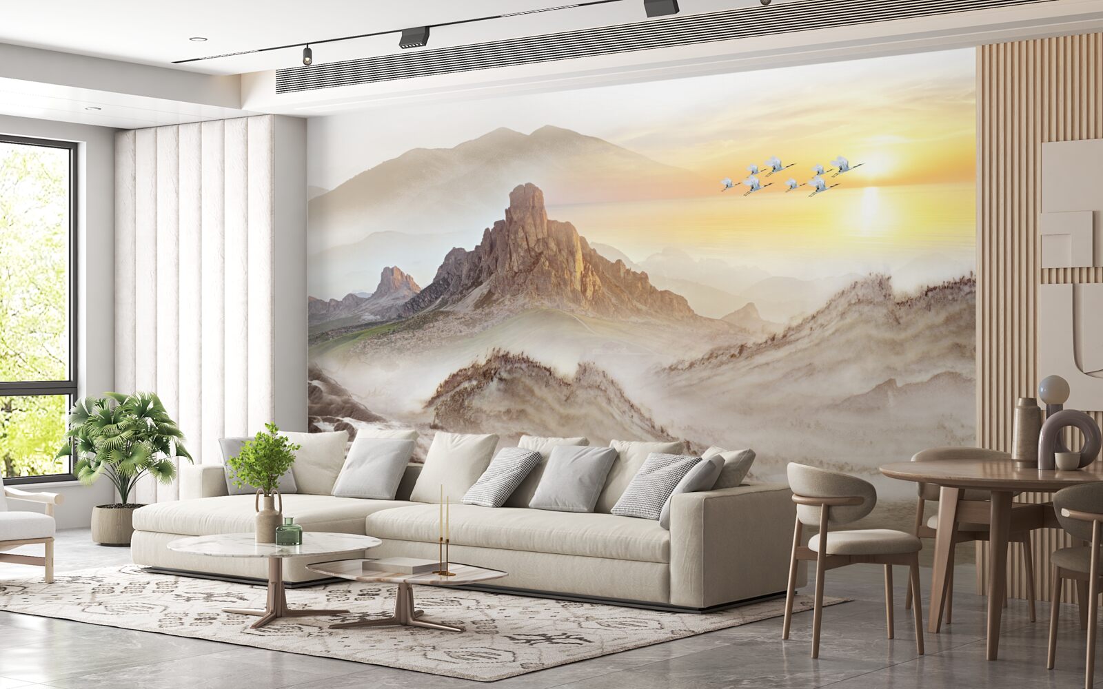 Fototapet apus de soare sub munți trecând cu cocorii