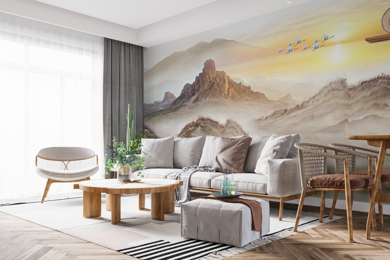 Fototapet apus de soare sub munți trecând cu cocorii