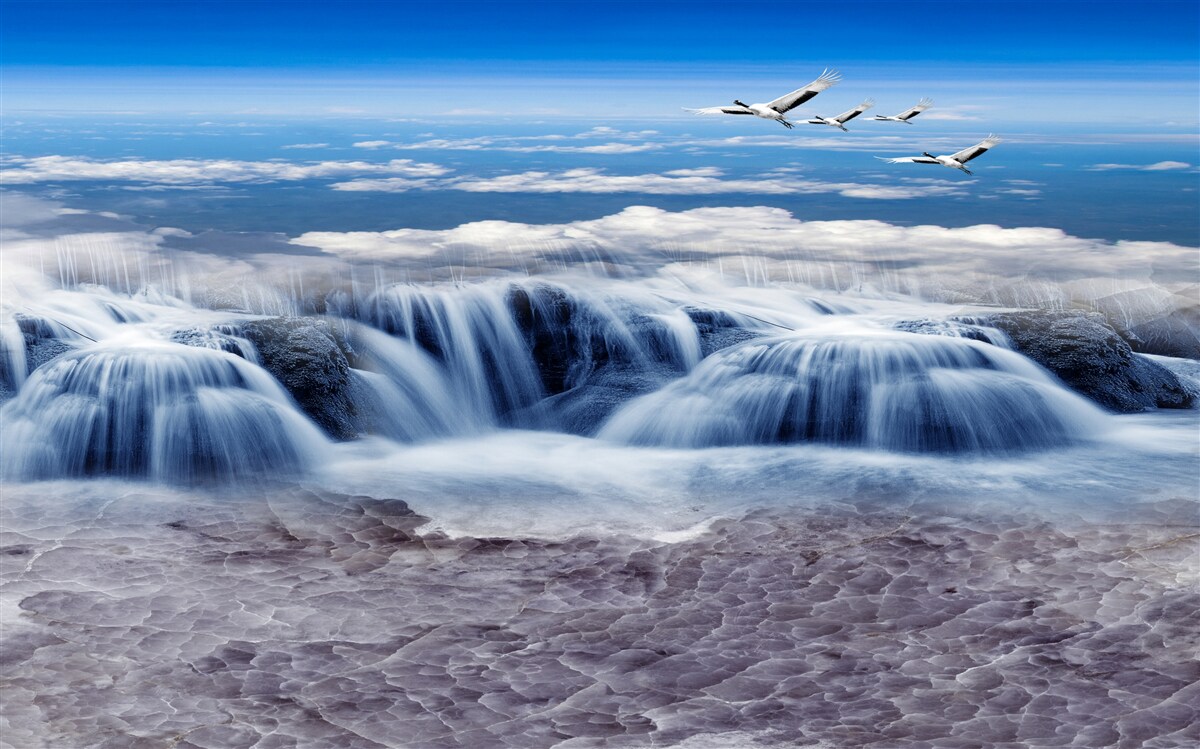 Fototapet o cascadă peste care alunecă păsările