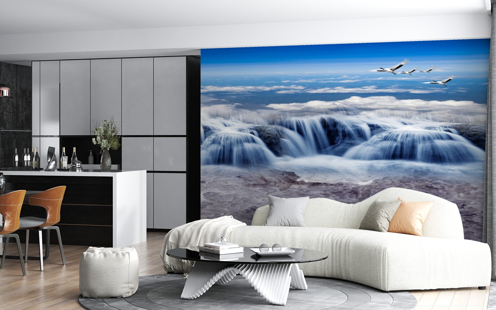 Fototapet o cascadă peste care alunecă păsările