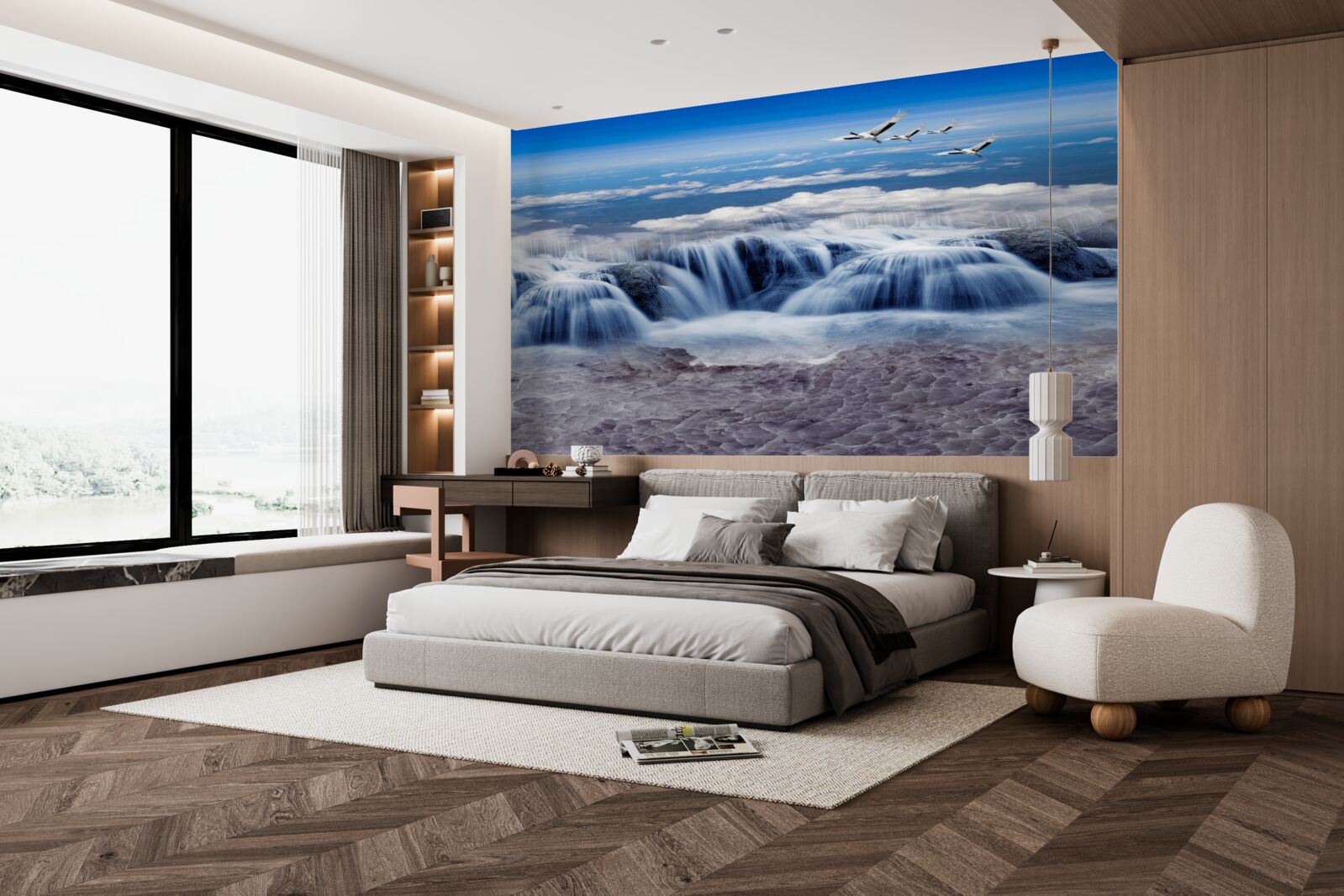 Fototapet o cascadă peste care alunecă păsările