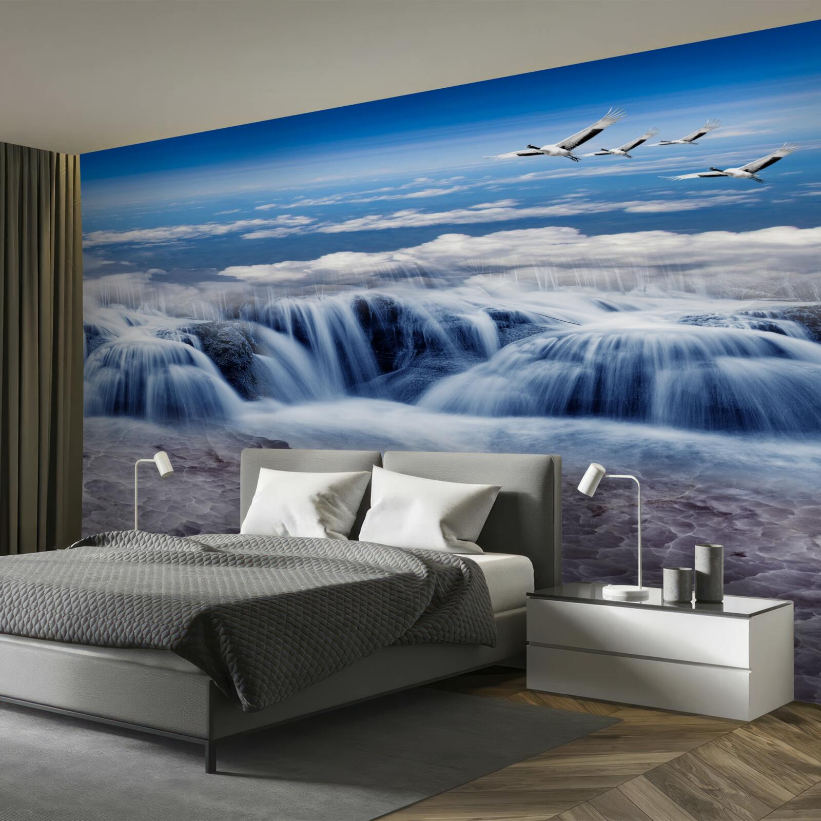 Fototapet o cascadă peste care alunecă păsările