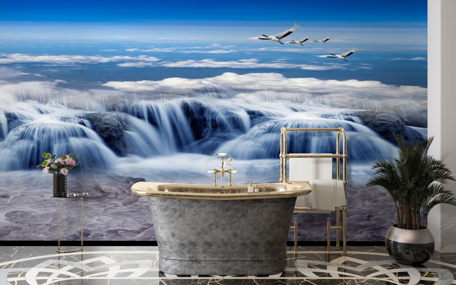 Fototapet o cascadă peste care alunecă păsările