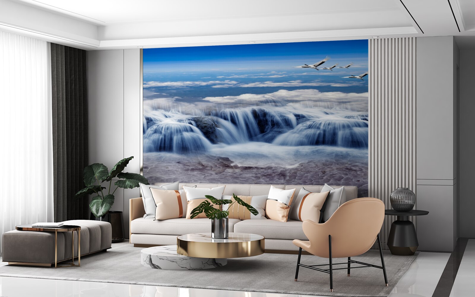 Fototapet o cascadă peste care alunecă păsările