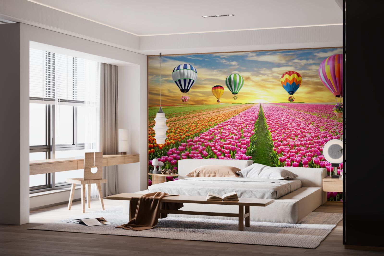 Fototapet bile care se ridică deasupra unui câmp de lalele