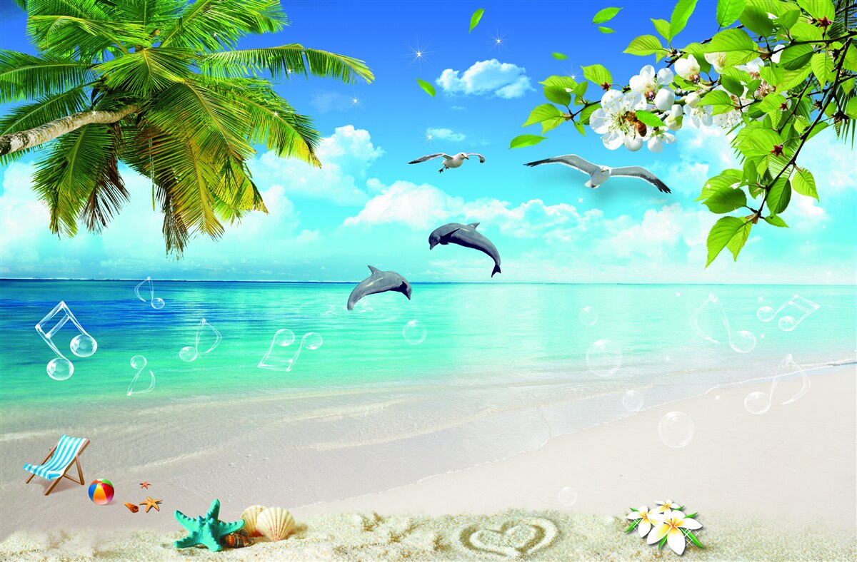 Fototapet pescăruși și delfini pe malul oceanului