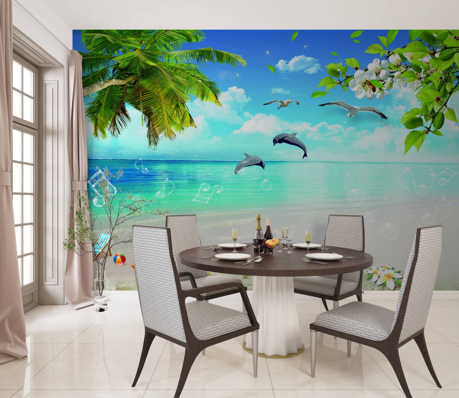 Fototapet pescăruși și delfini pe malul oceanului
