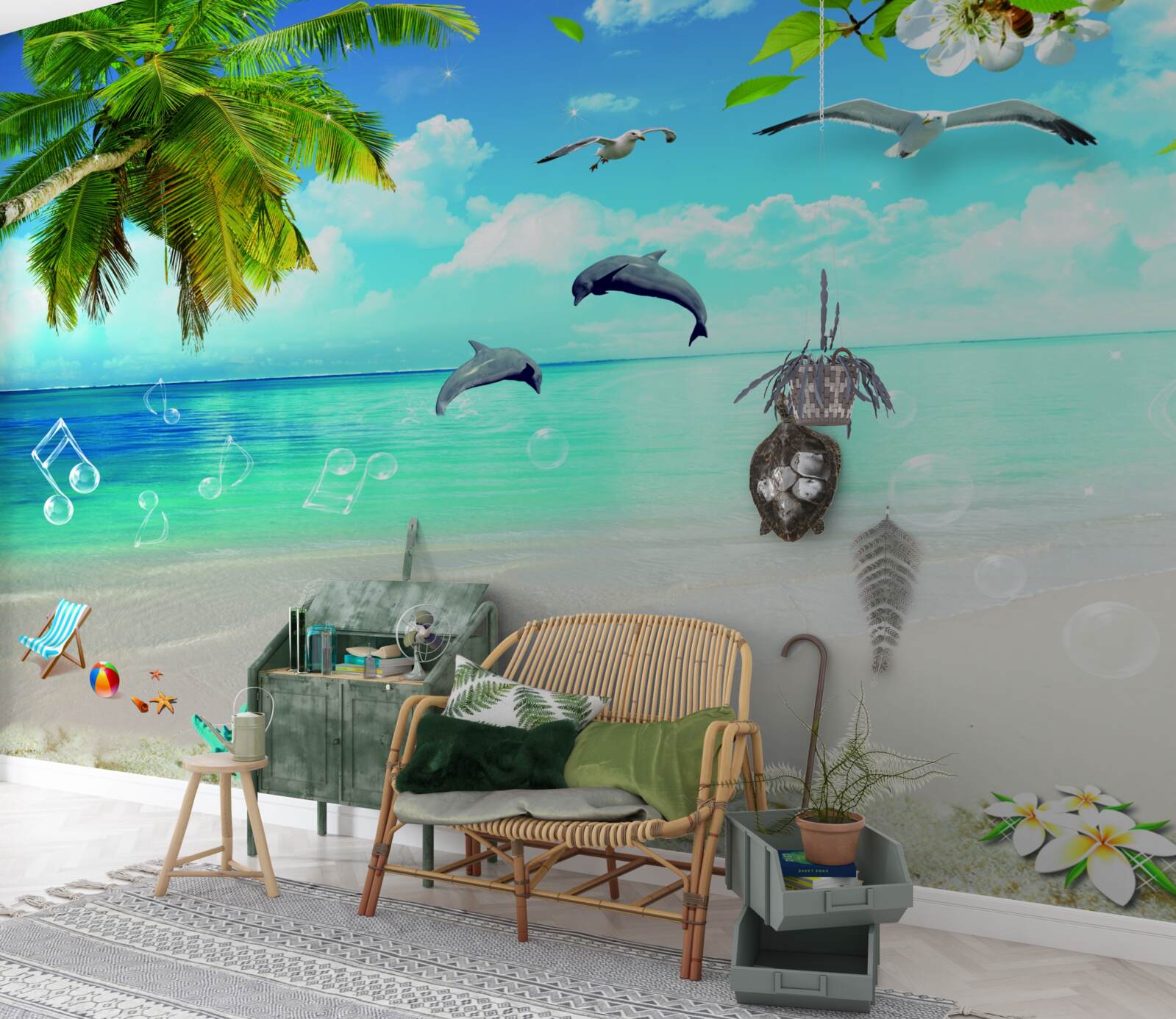 Fototapet pescăruși și delfini pe malul oceanului
