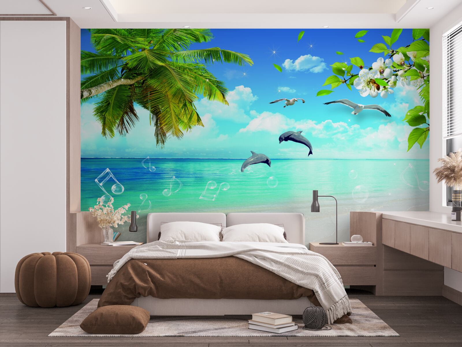 Fototapet pescăruși și delfini pe malul oceanului