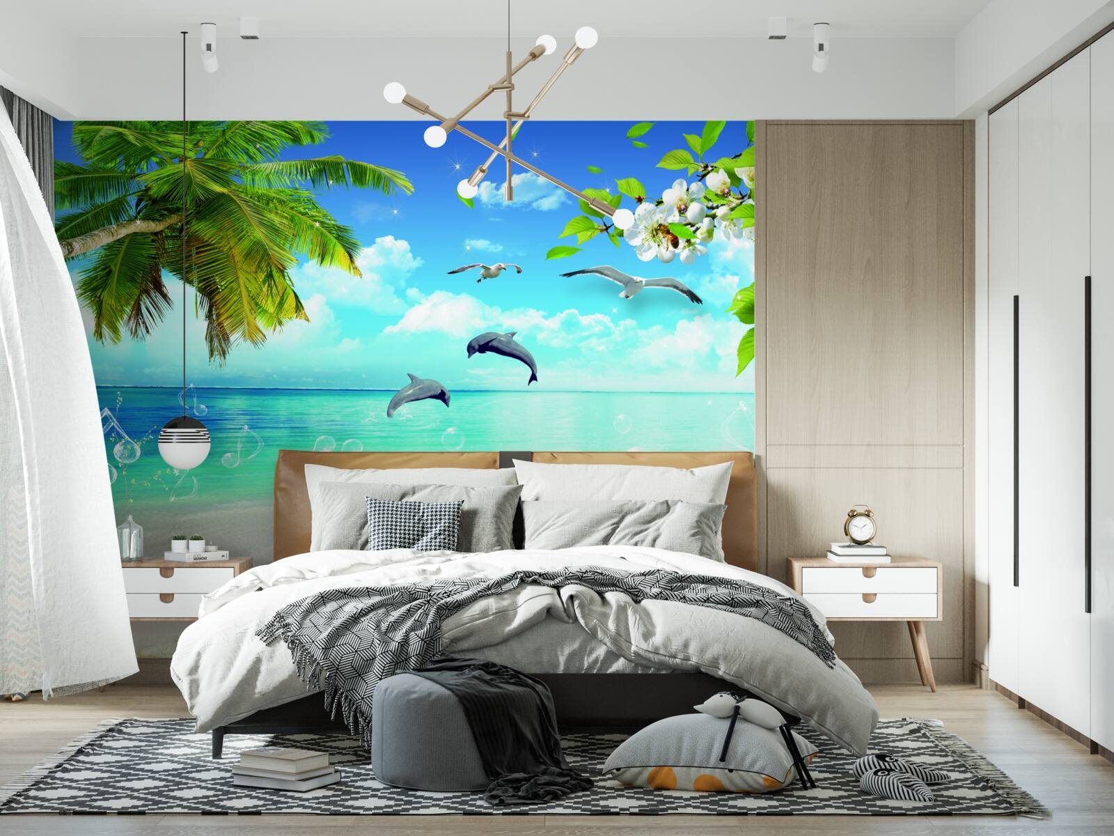 Fototapet pescăruși și delfini pe malul oceanului