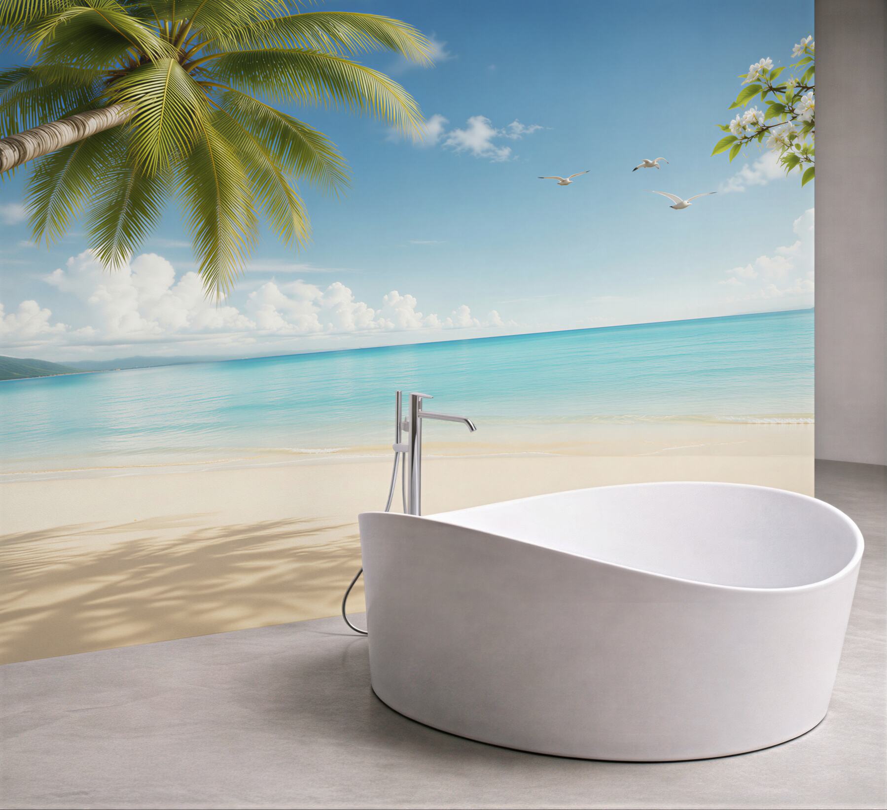 Fototapeta mewy i delfiny na brzegu oceanu