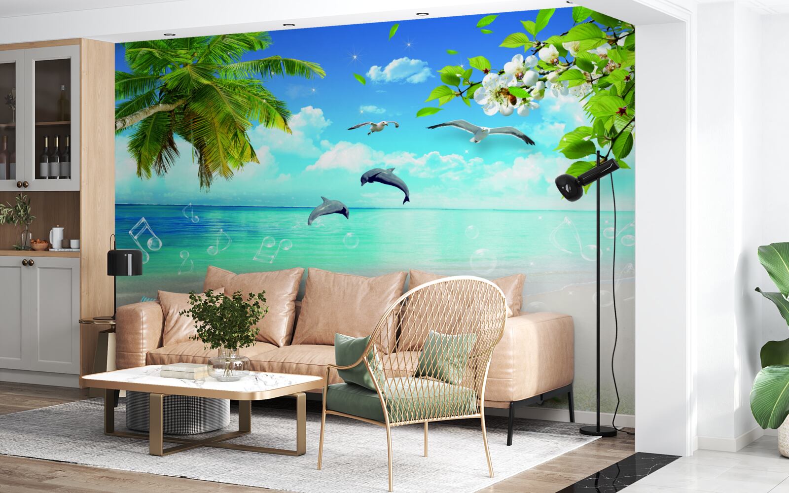 Fototapet pescăruși și delfini pe malul oceanului