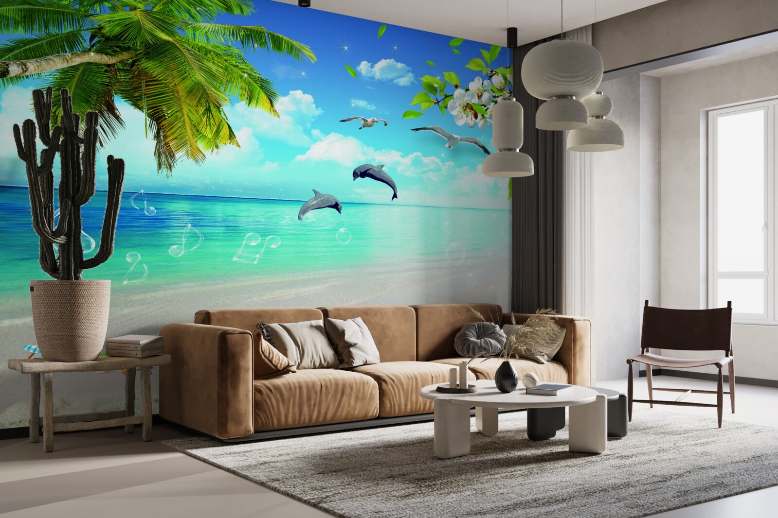 Fototapet pescăruși și delfini pe malul oceanului