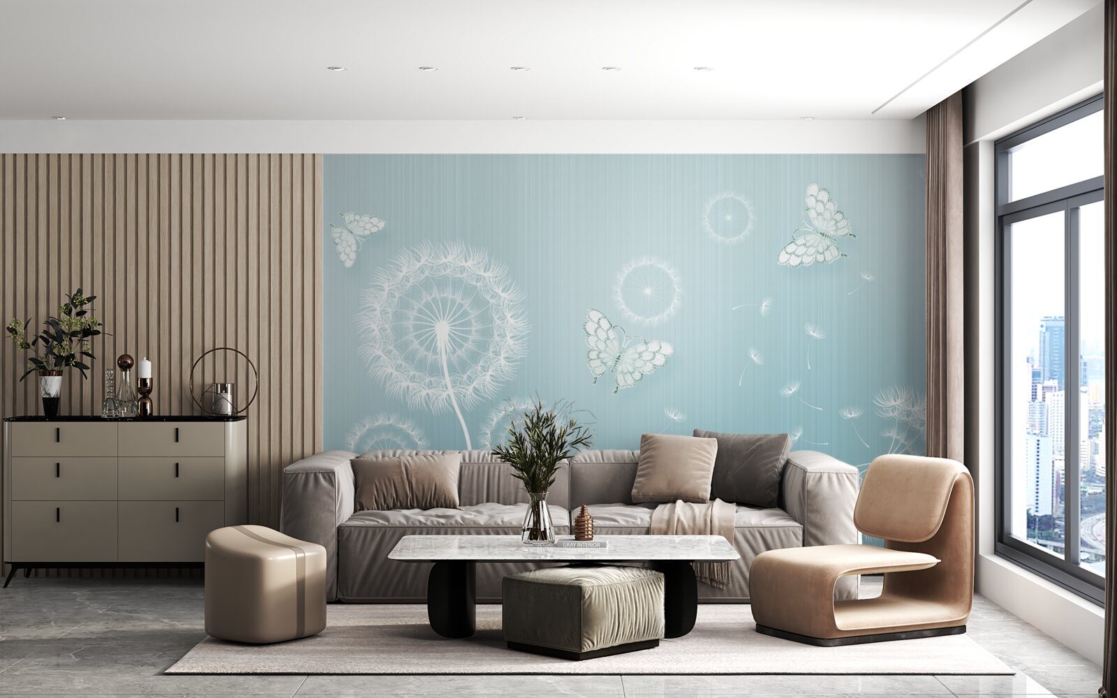 Fototapet sistem de fluturi și păpădii