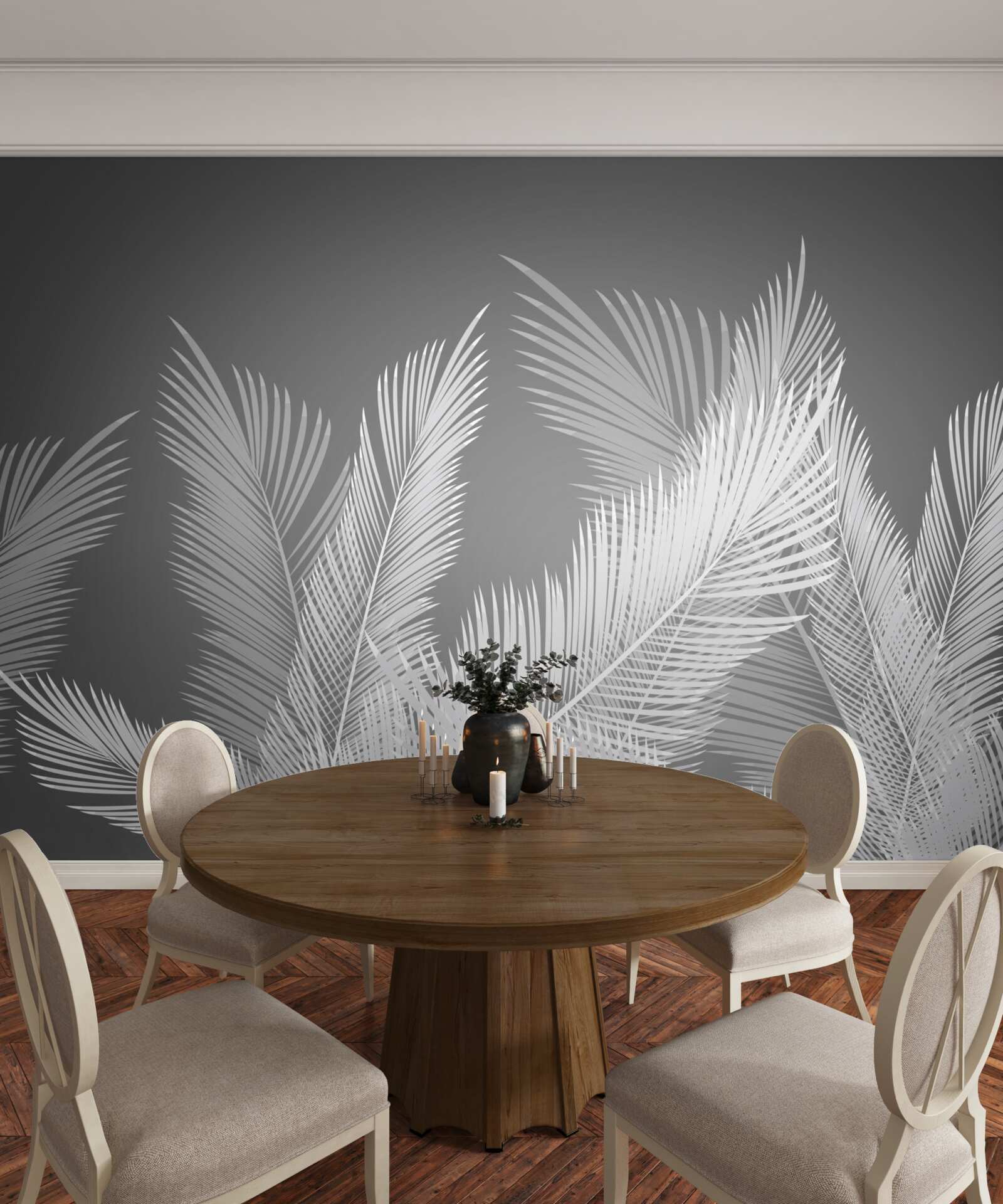 Fototapet stiloul se mișcă pe frunze albe pe un fundal gri