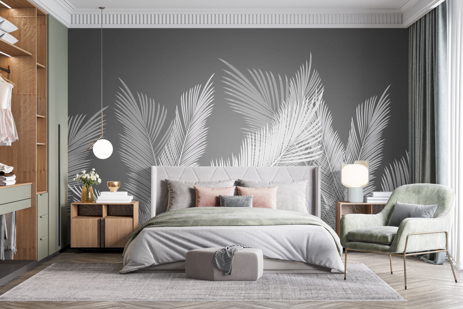 Fototapet stiloul se mișcă pe frunze albe pe un fundal gri