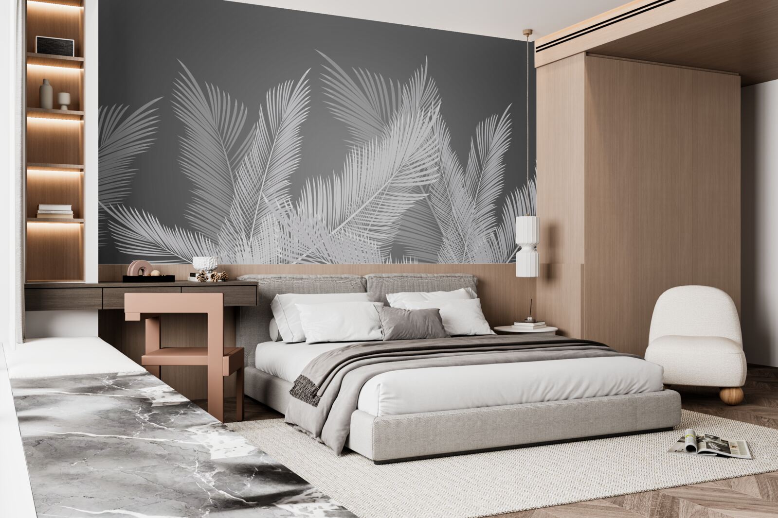 Fototapet stiloul se mișcă pe frunze albe pe un fundal gri