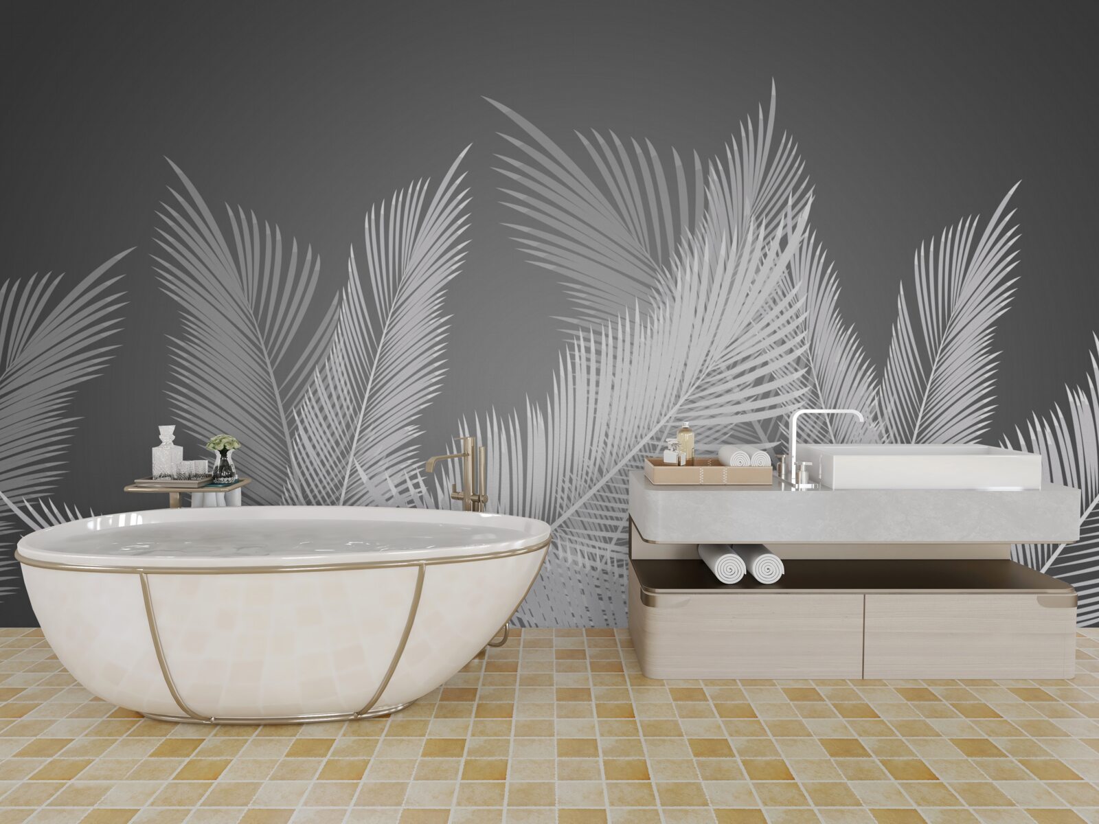 Fototapet stiloul se mișcă pe frunze albe pe un fundal gri