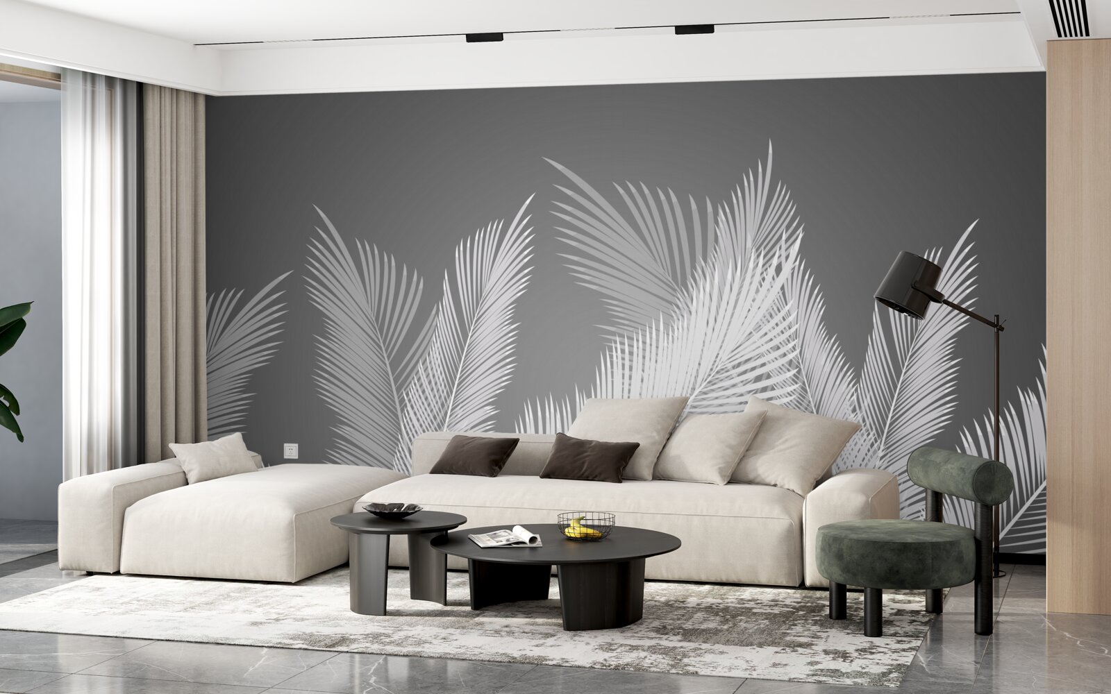 Fototapet stiloul se mișcă pe frunze albe pe un fundal gri