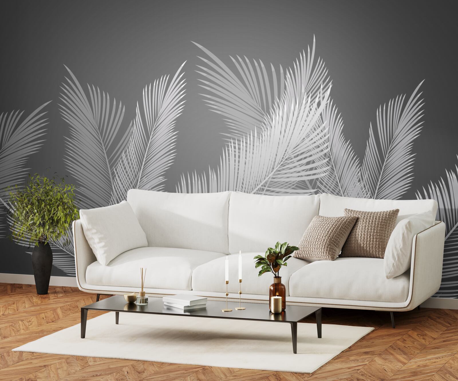 Fototapet stiloul se mișcă pe frunze albe pe un fundal gri