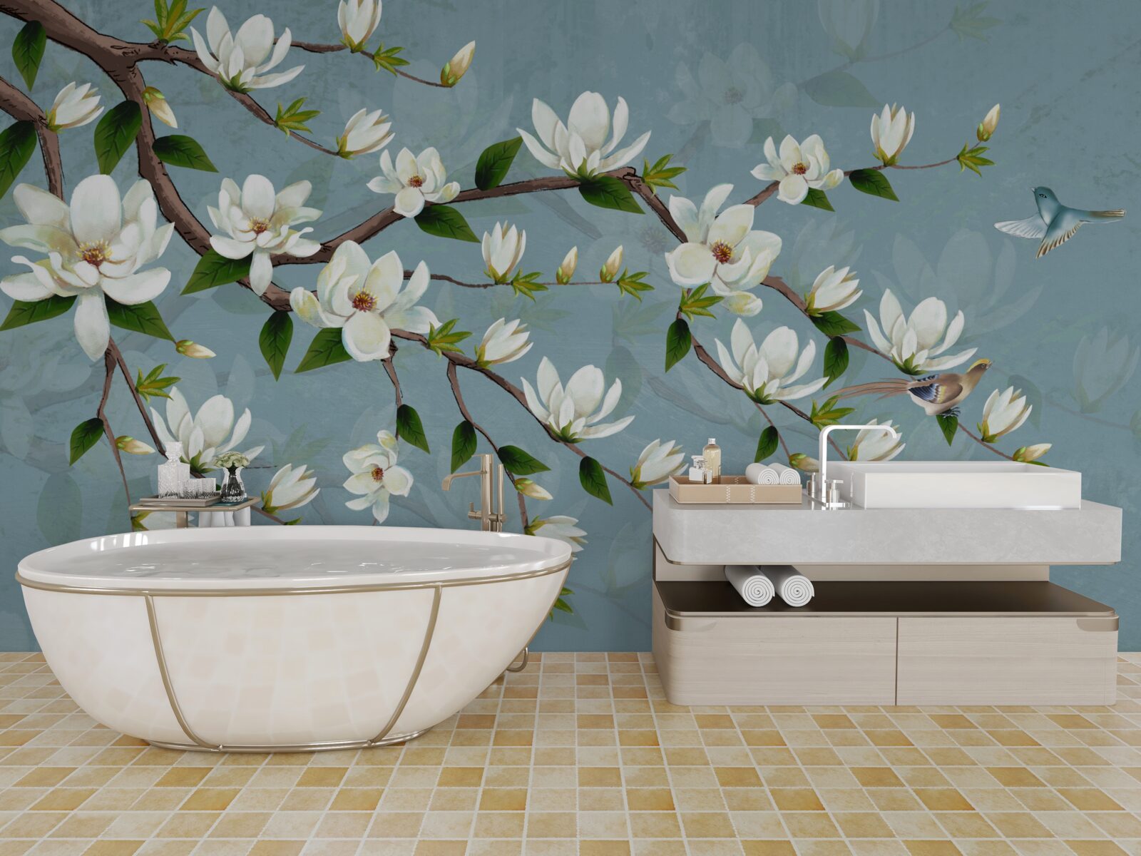 Fototapet creatură cu aripi se apropie de muguri de lumină