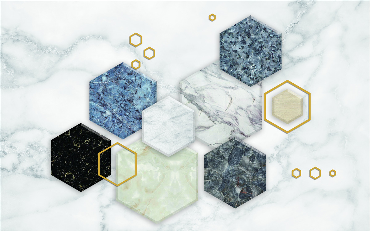 Fototapet mozaicuri pentagonale pe un fundal de marmură albă