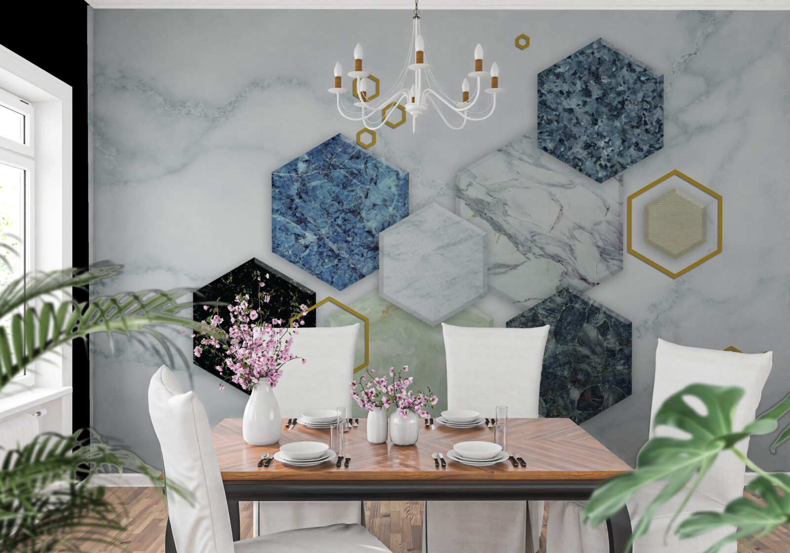 Fototapet mozaicuri pentagonale pe un fundal de marmură albă