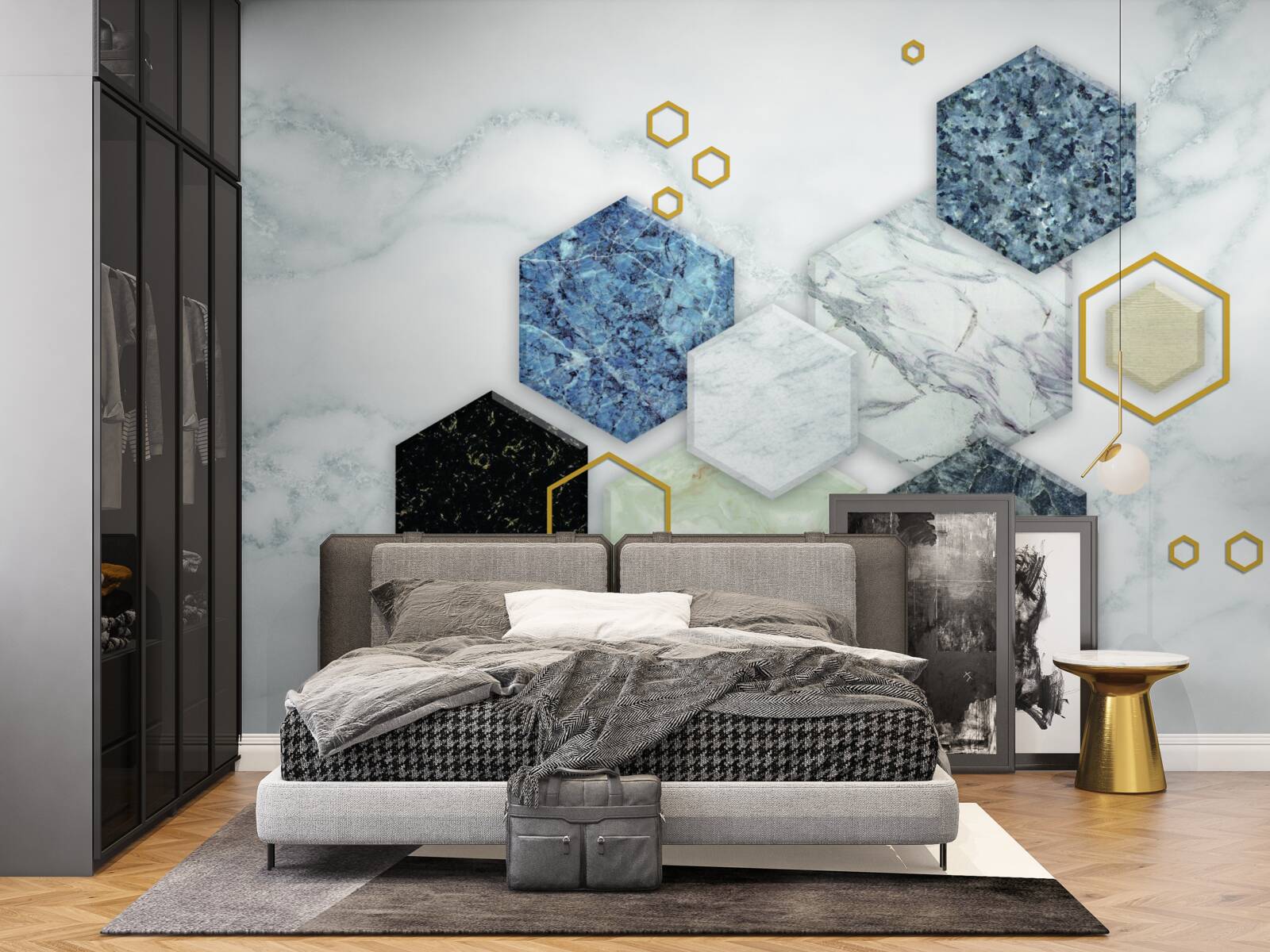 Fototapet mozaicuri pentagonale pe un fundal de marmură albă