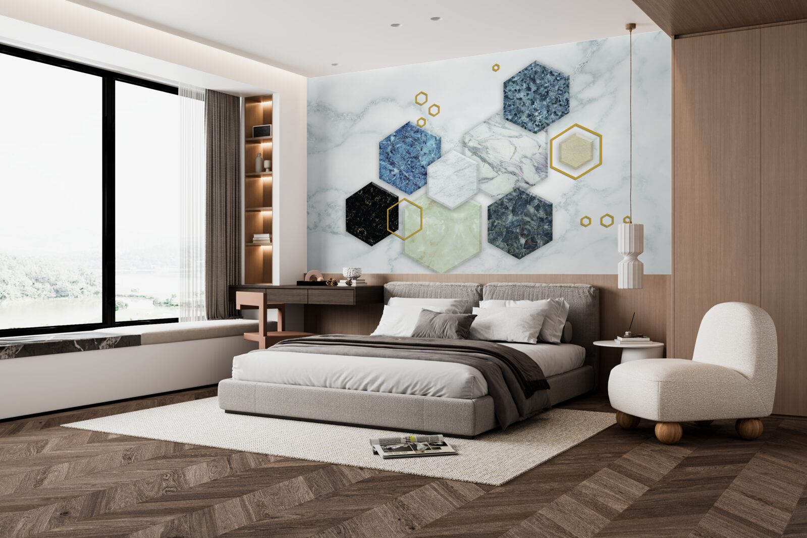 Fototapet mozaicuri pentagonale pe un fundal de marmură albă