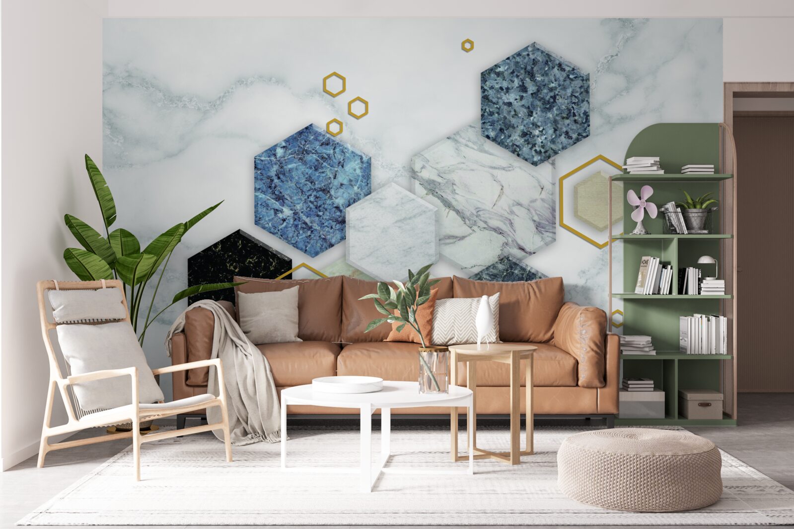 Fototapet mozaicuri pentagonale pe un fundal de marmură albă