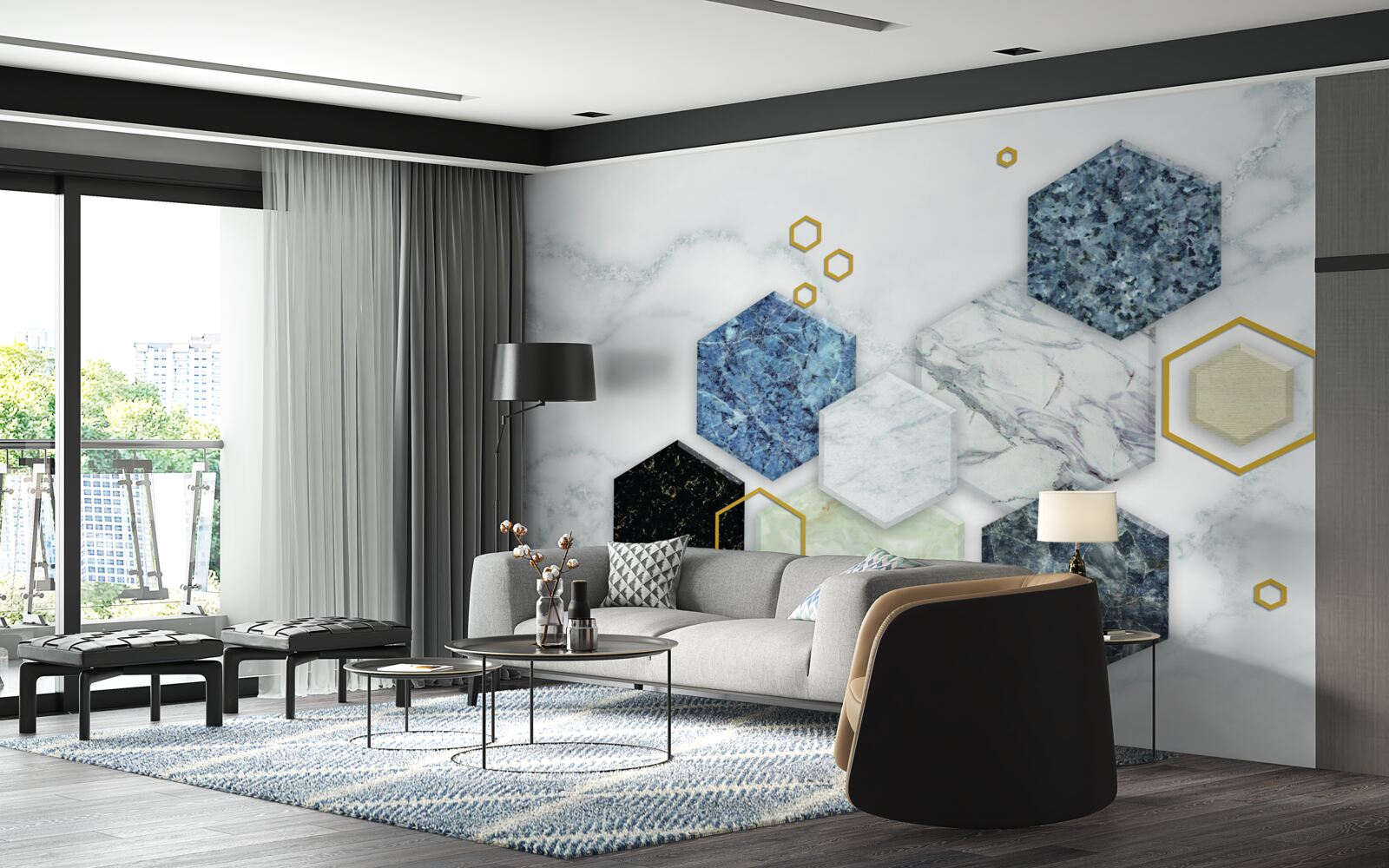 Fototapet mozaicuri pentagonale pe un fundal de marmură albă