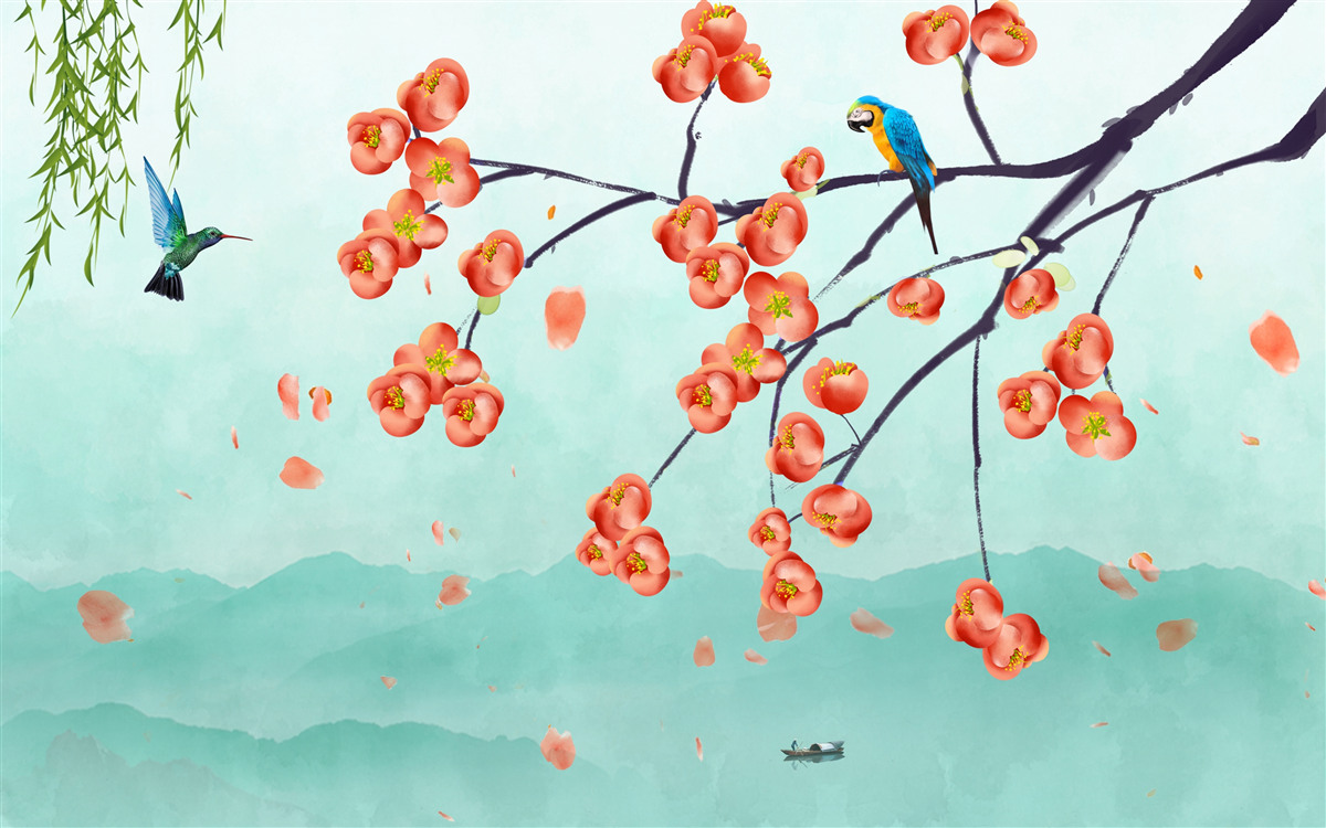 Fototapet munții înconjoară frumusețea florilor de cireș japoneze