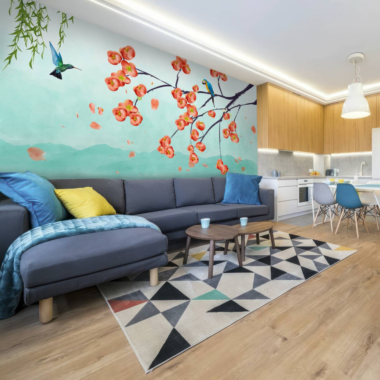 Fototapet munții înconjoară frumusețea florilor de cireș japoneze