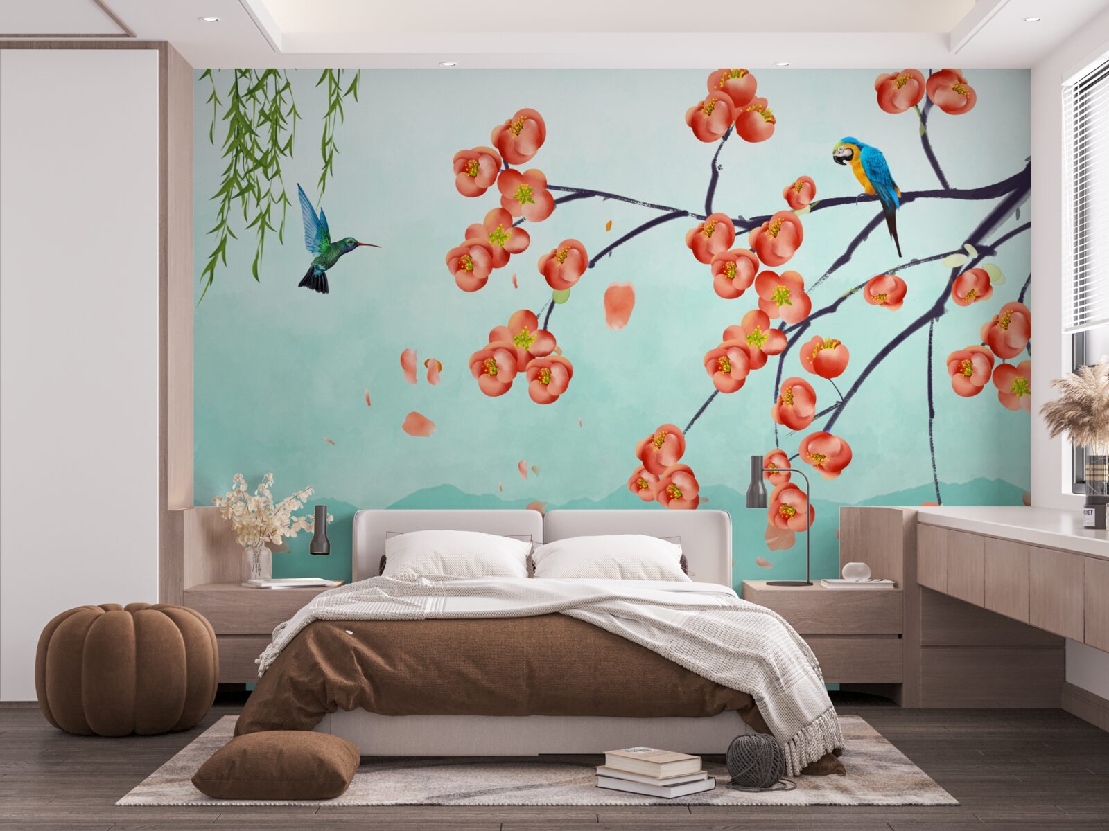 Fototapet munții înconjoară frumusețea florilor de cireș japoneze