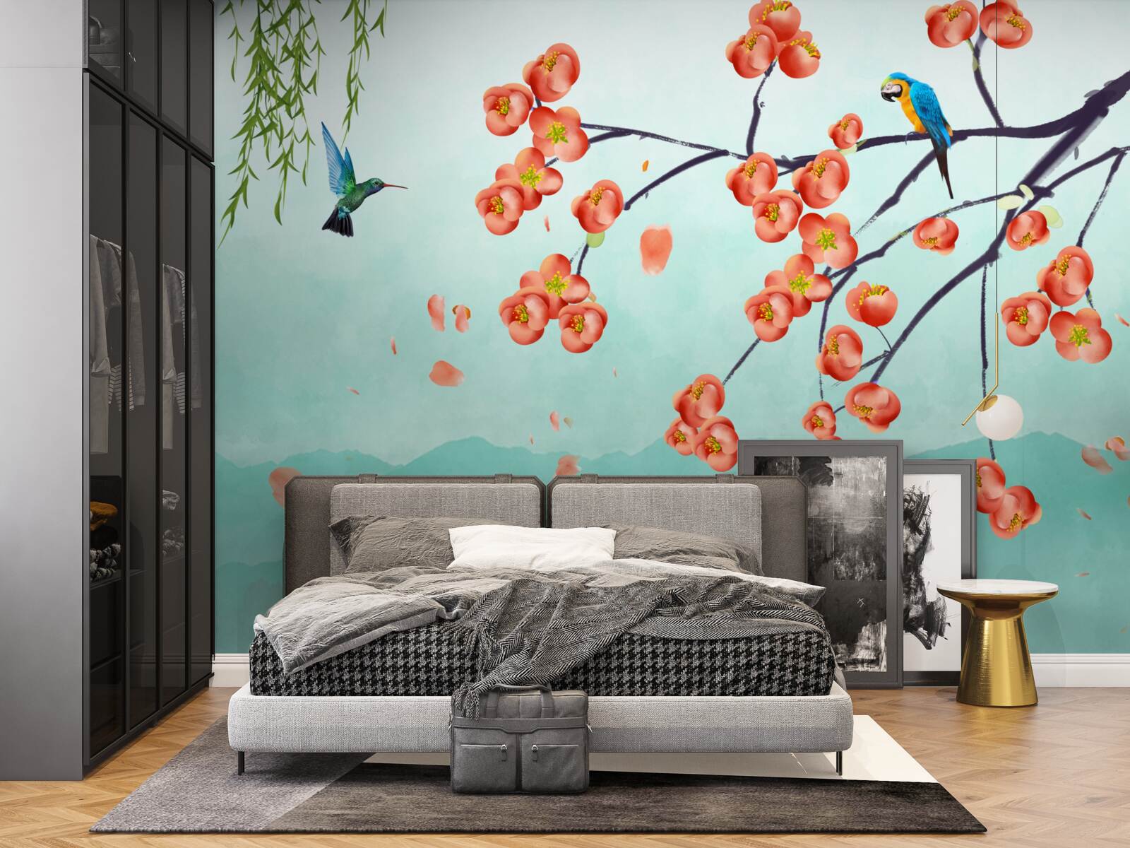 Fototapet munții înconjoară frumusețea florilor de cireș japoneze