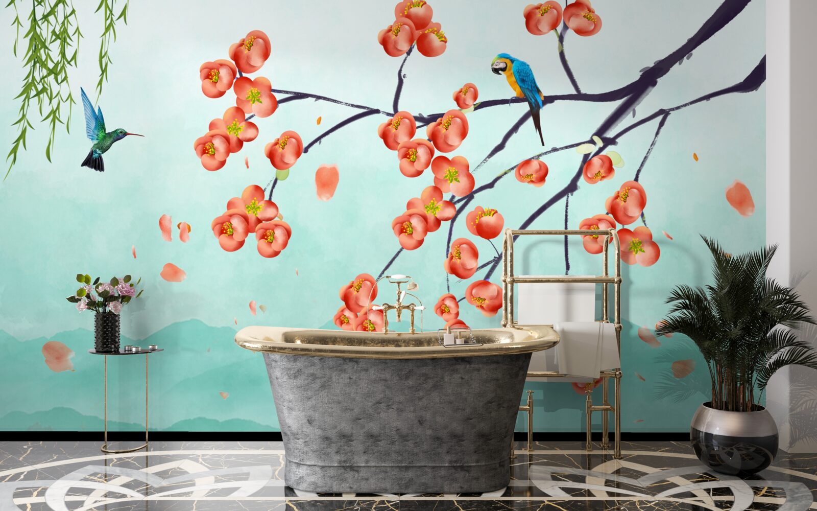 Fototapet munții înconjoară frumusețea florilor de cireș japoneze