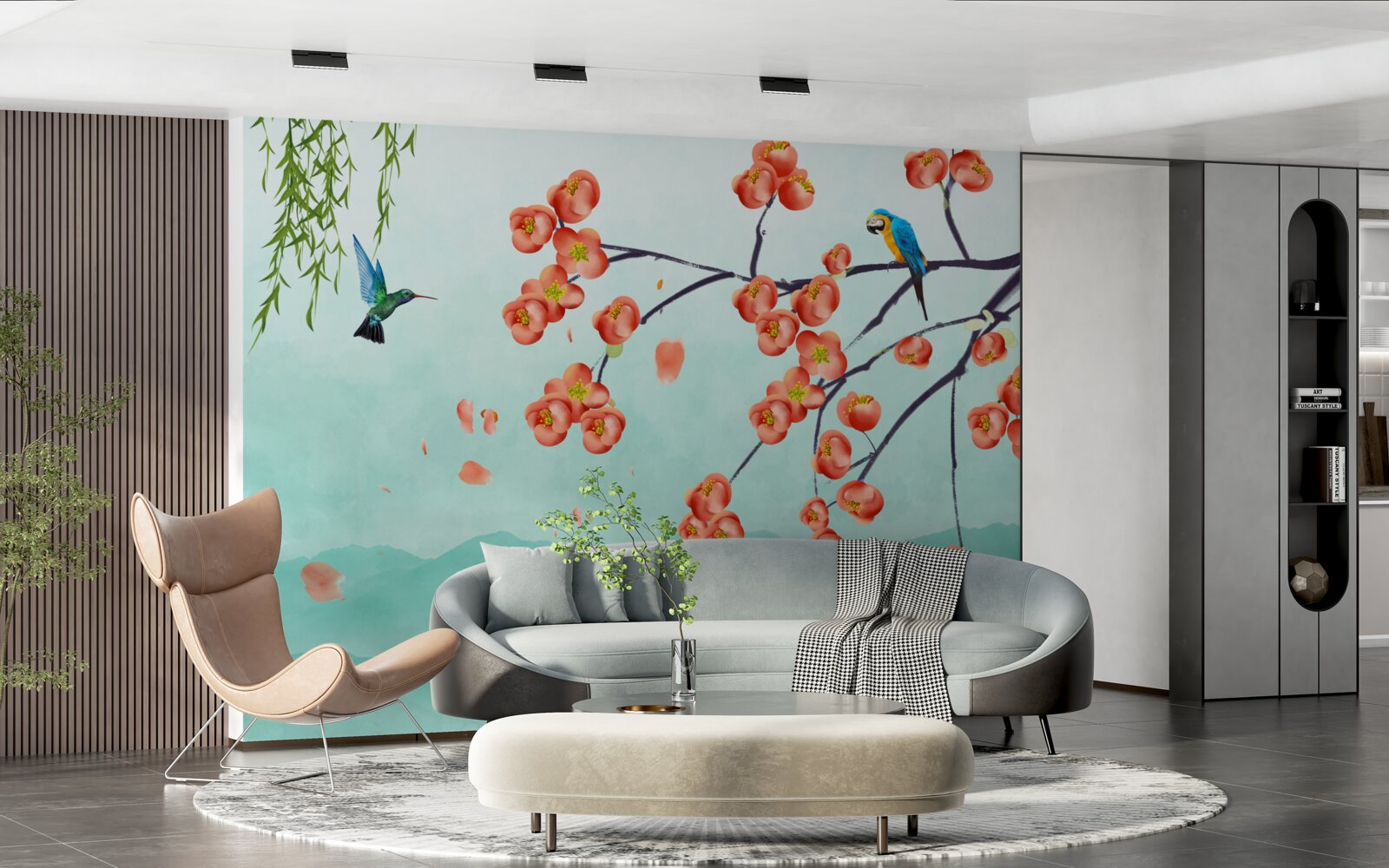 Fototapet munții înconjoară frumusețea florilor de cireș japoneze